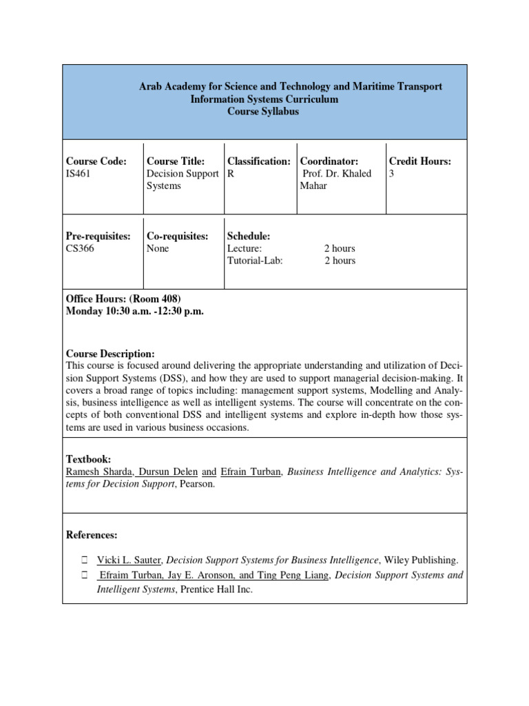 Decision Support Systems Course Syllabus | PDF