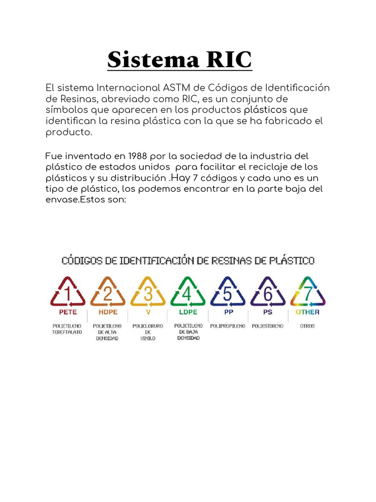 Códigos RIC y Clasificación de Plásticos | PDF | El plastico | Reciclaje