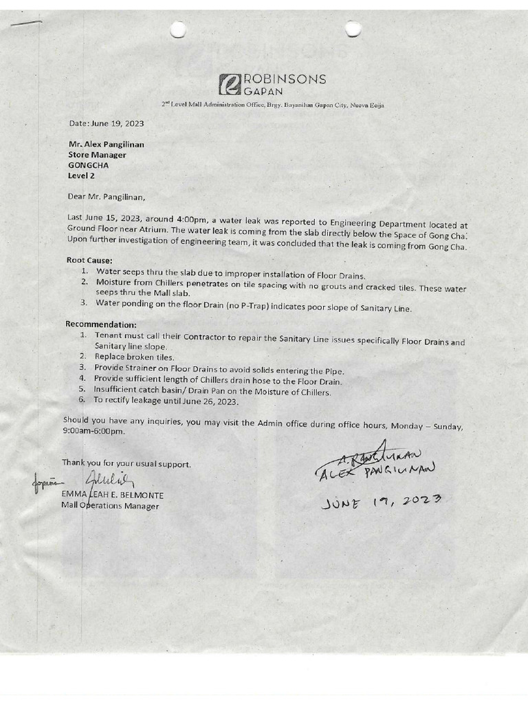 WATER LEAK GONGCHA - MEMO With Attached Photos | PDF