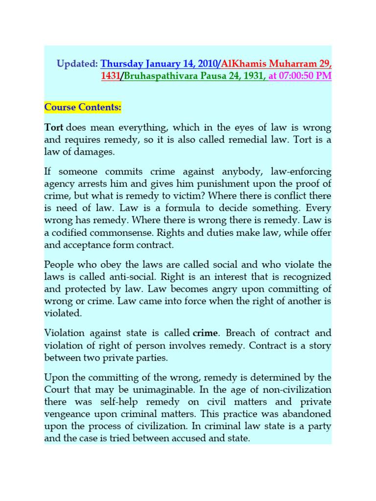 Law of Tort and Easement | PDF