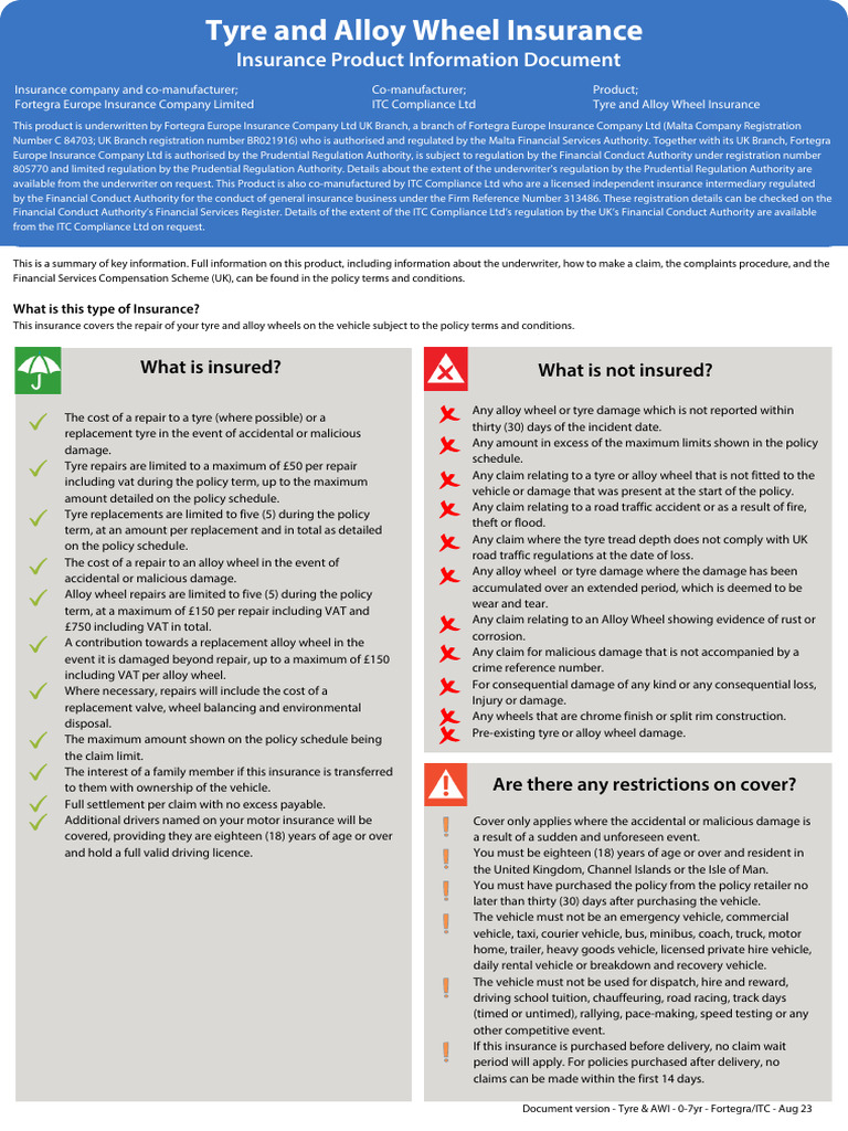 Tyre and Alloy Wheel Insurance Key Facts PDF
