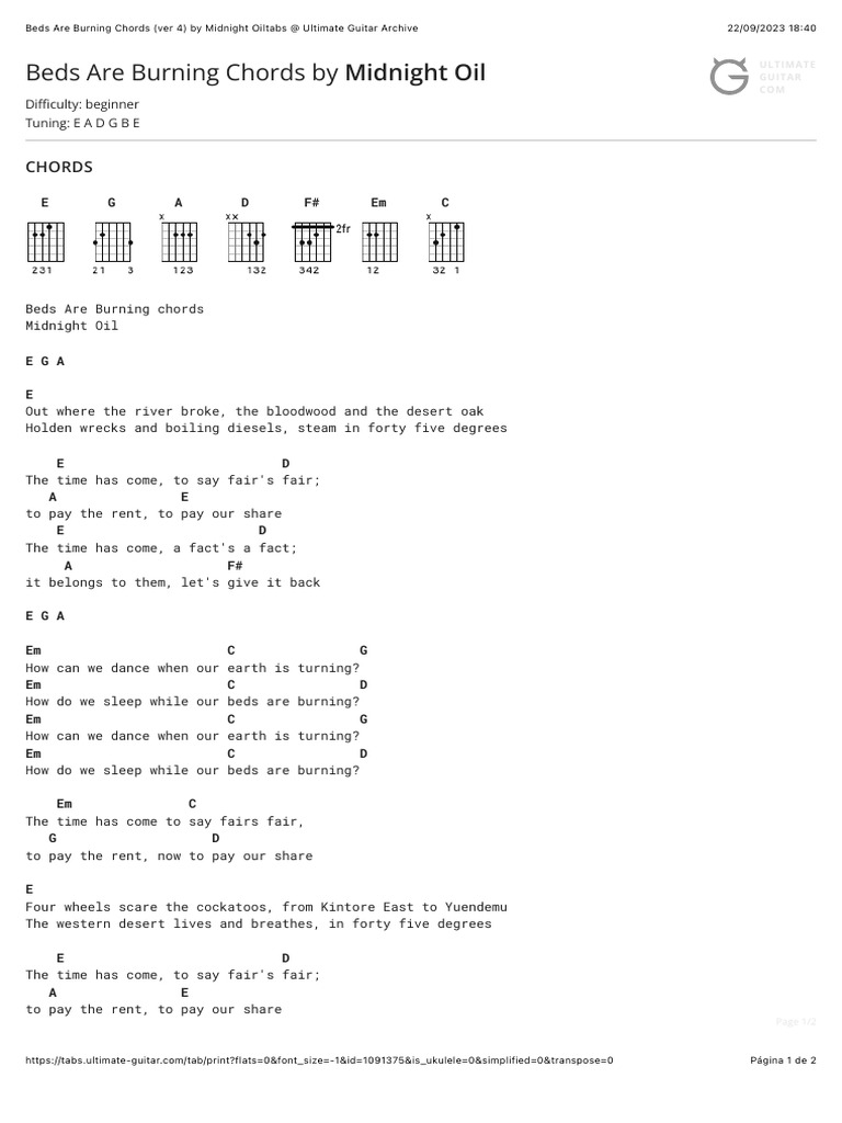 Beds Are Burning Chords (ver 4) by Midnight Oiltabs Ultimate Guitar