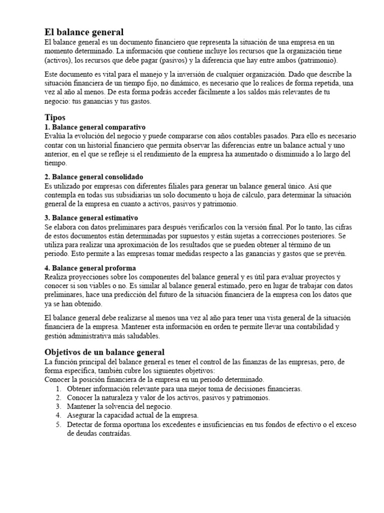 El Balance General y Estado de Perdidas y Ganancias PDF Hoja de