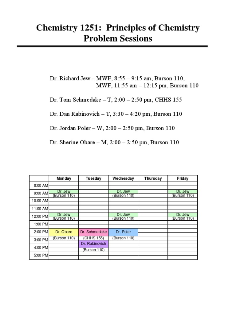 Chemistry 1251 Problem Sessions Schedule | PDF