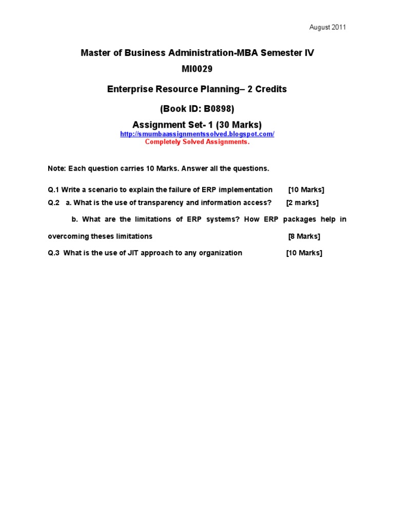MBA ERP Assignment Solutions 2011 | PDF