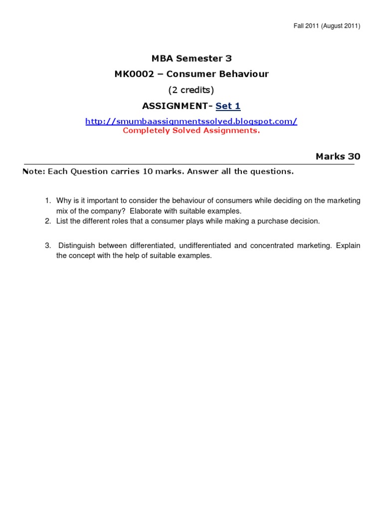MBA Semester 3 MK0002 - Consumer Behaviour Assignment-: (2 Credits) | PDF