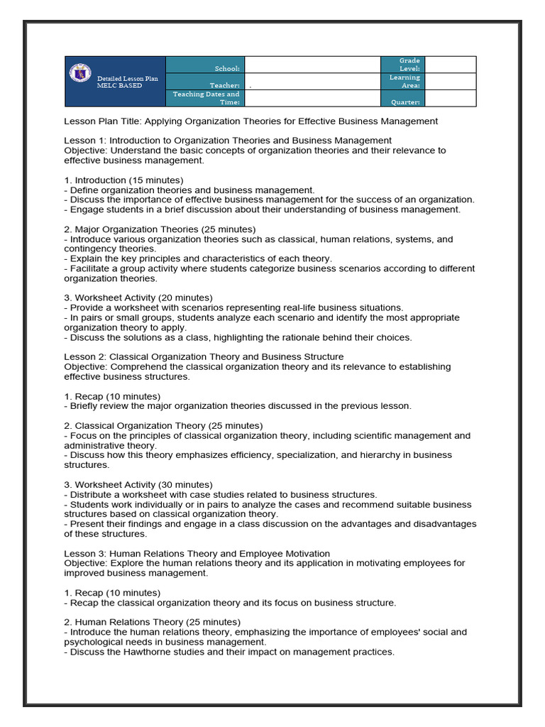 Organization Theories Lesson Plan | PDF | Business
