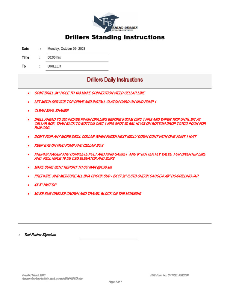Daily Drilling Instructions for October 9 | PDF