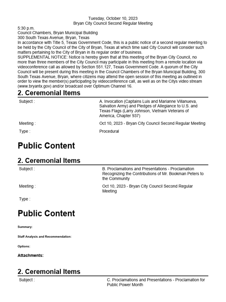 Bryan City Council Second Regular Meeting Agenda | PDF