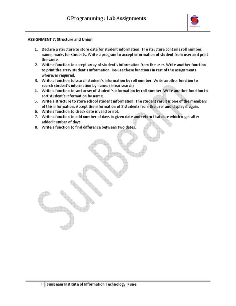 C Programming: Lab Assignments: ASSIGNMENT 7: Structure and Union | PDF ...
