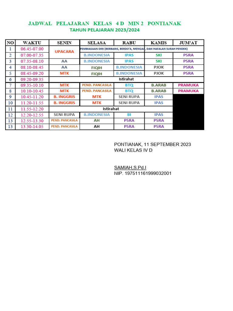 JADWAL PELAJARAN KLS 4D | PDF
