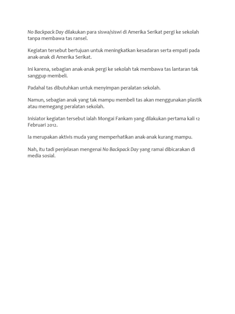 No Backpack Day Pdf