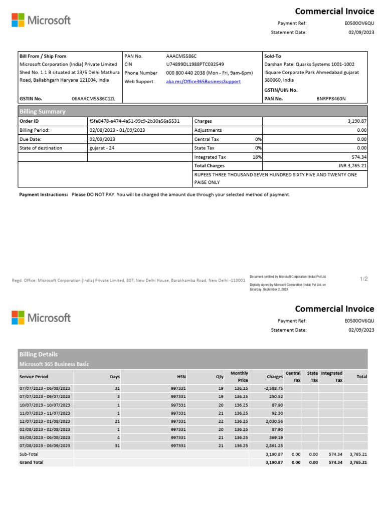 Microsoft 365 Business Invoice Summary | PDF