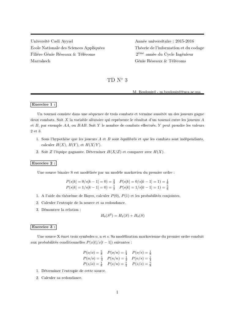 Entropie et Modèles Markoviens en Télécoms | PDF | Probabilité ...