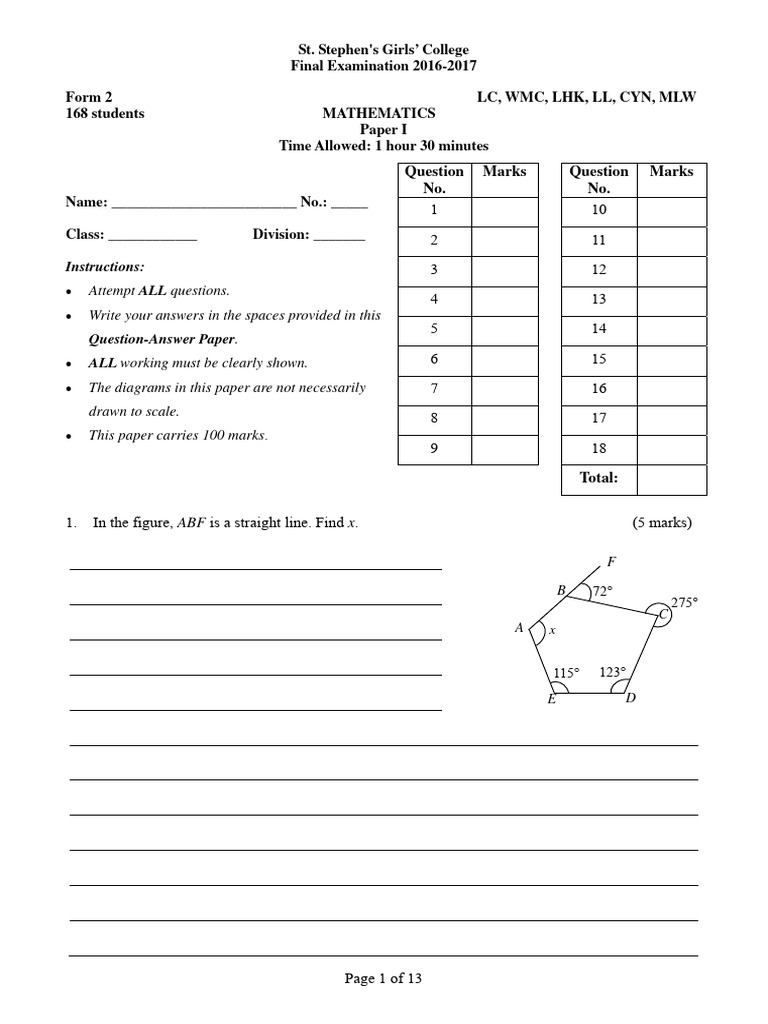 ST Stephen Girl College F2 Maths P1!16!17 Fy PDF | PDF
