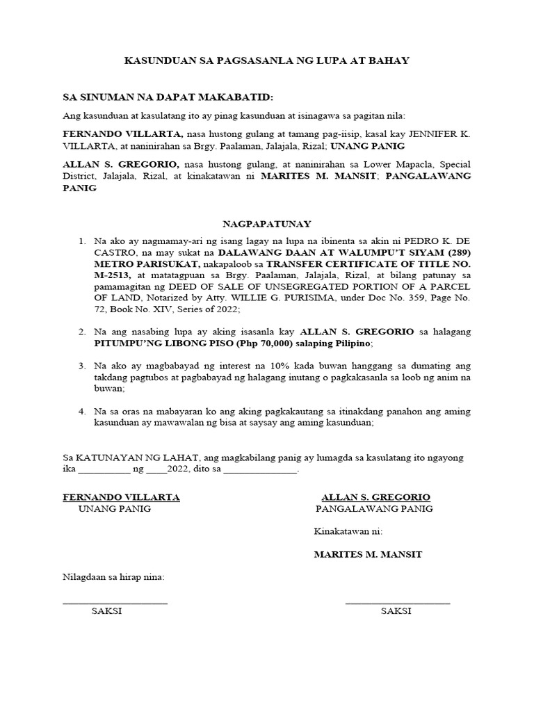 KASSUNDUAN SA PAGSASANLA NG LUPA AT BAHAY - Docx FERNANDO VILLARTA | PDF