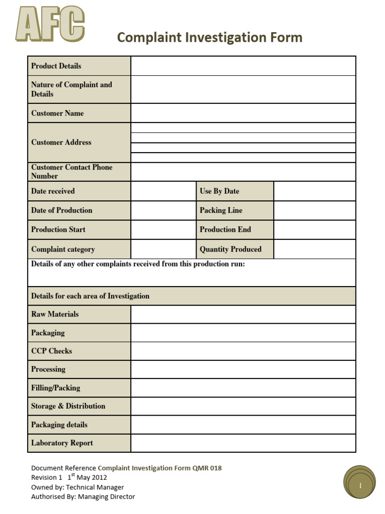 Complaint Investigation Form QMR 018 | PDF