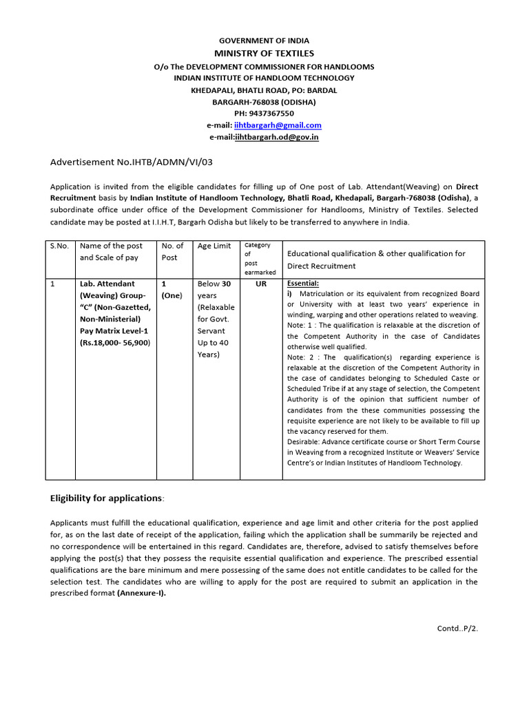 Advertisement For The Post of Lab. Attendant PDF Recruitment