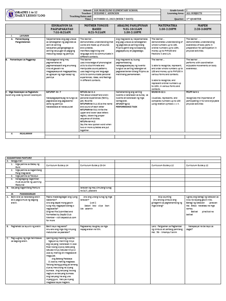 Daily Lesson Log for Grade 1 - Week 7 | PDF | Linguistics | Human ...