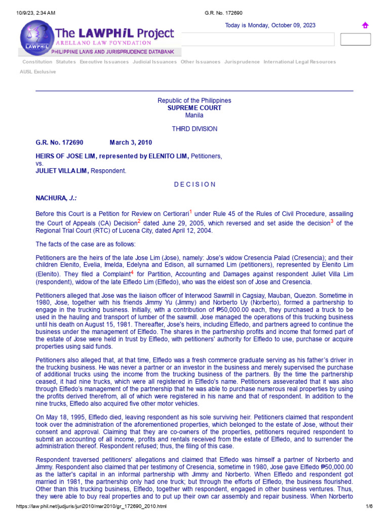 Heirs of jose lim v juliet villa lim gr no 172690 3 march 2010 pdf