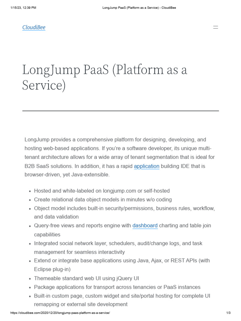 LongJump PaaS (Platform As A Service) - CloudiBee | PDF