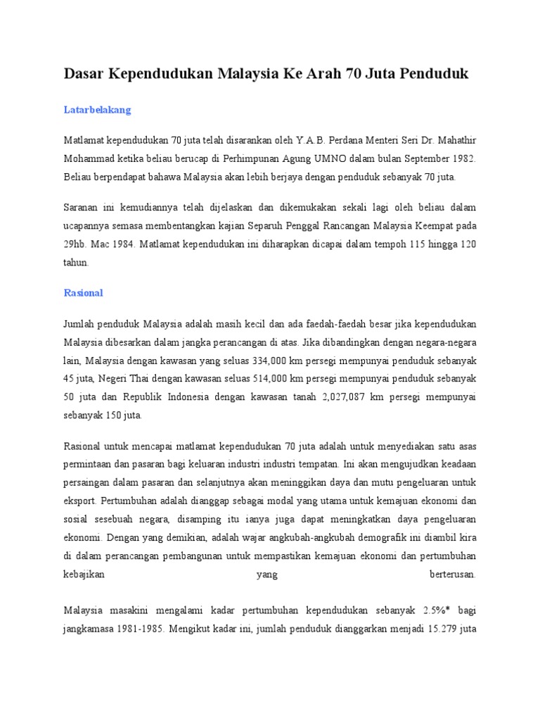 Dasar Kependudukan Malaysia Ke Arah 70 Juta Penduduk Pdf
