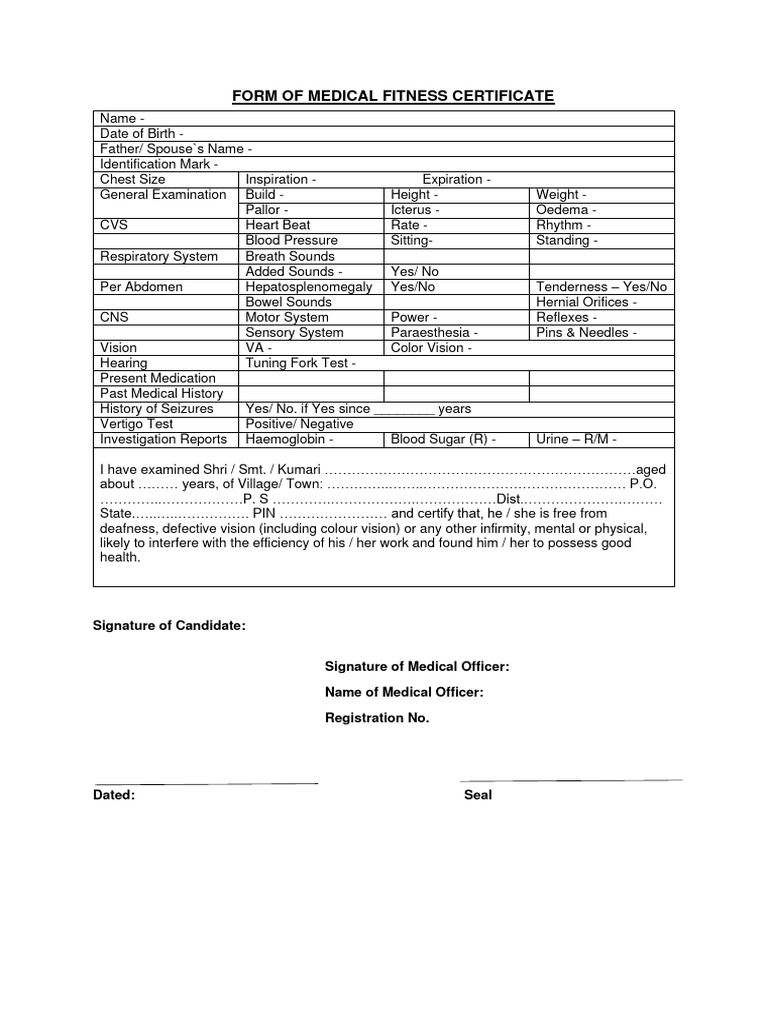 Medical Fitness Certificate BA Employees PDF