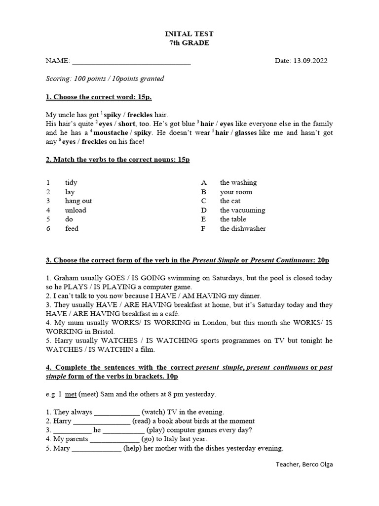 Inital Test 7th Grade Pdf Language Families Morphology