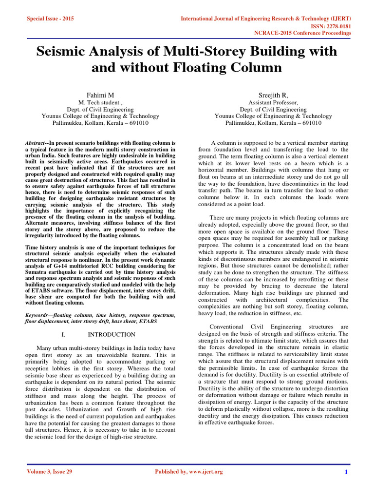 Seismic Analysis of Multi Storey Building With and Without Floating ...