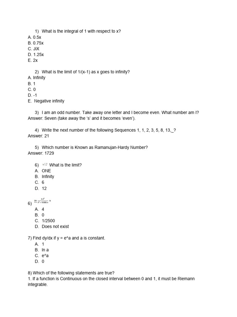 Differential Calculus Quiz Questions Pdf