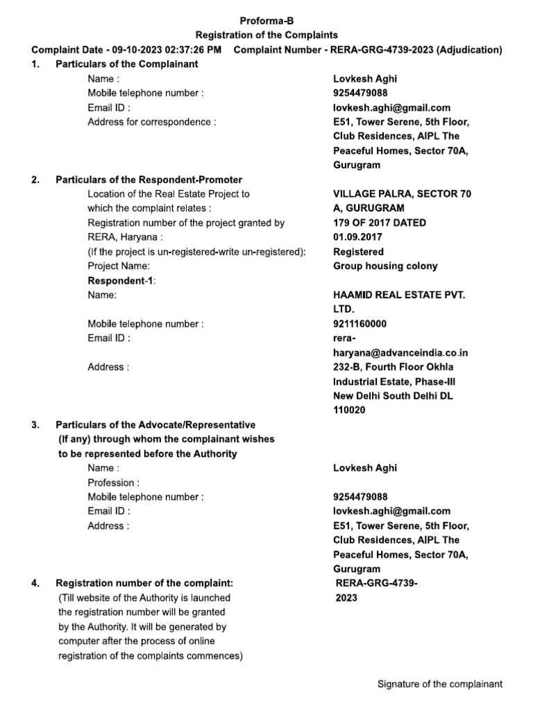 Rera Complaint - Aipl | PDF