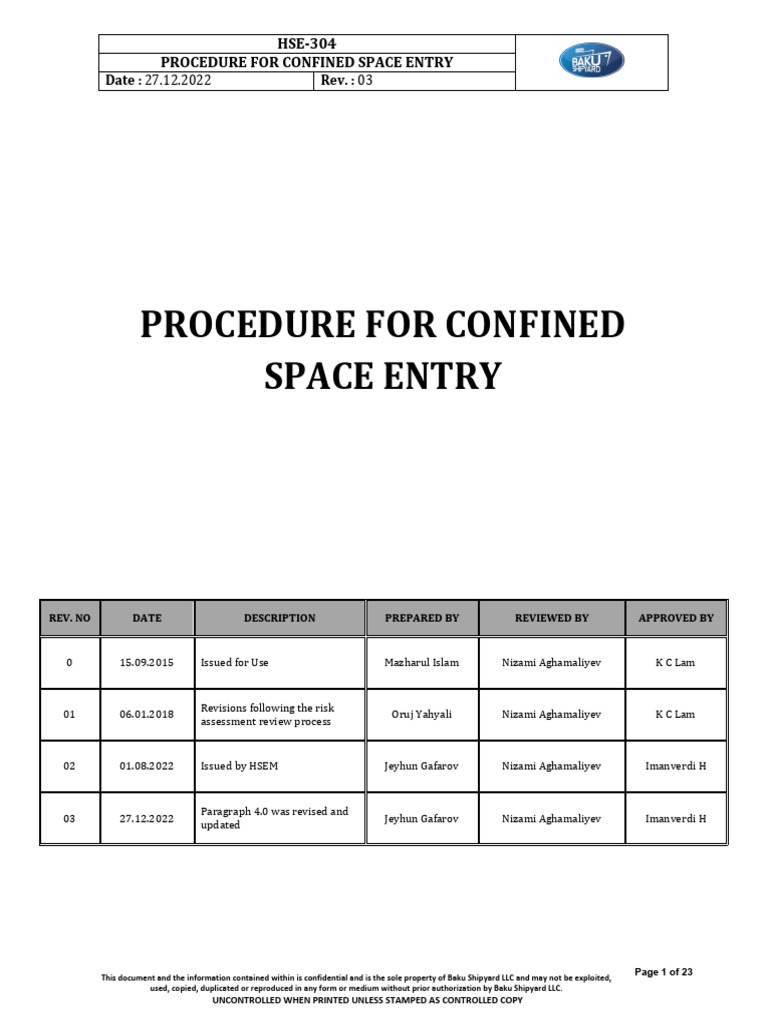 Hsep 304 - Confined Space Entry Procedure | PDF