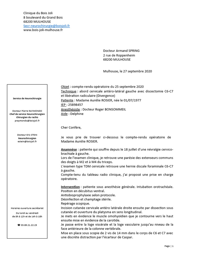 Compte Rendu Opereatoire Clinique Bois Joli | PDF
