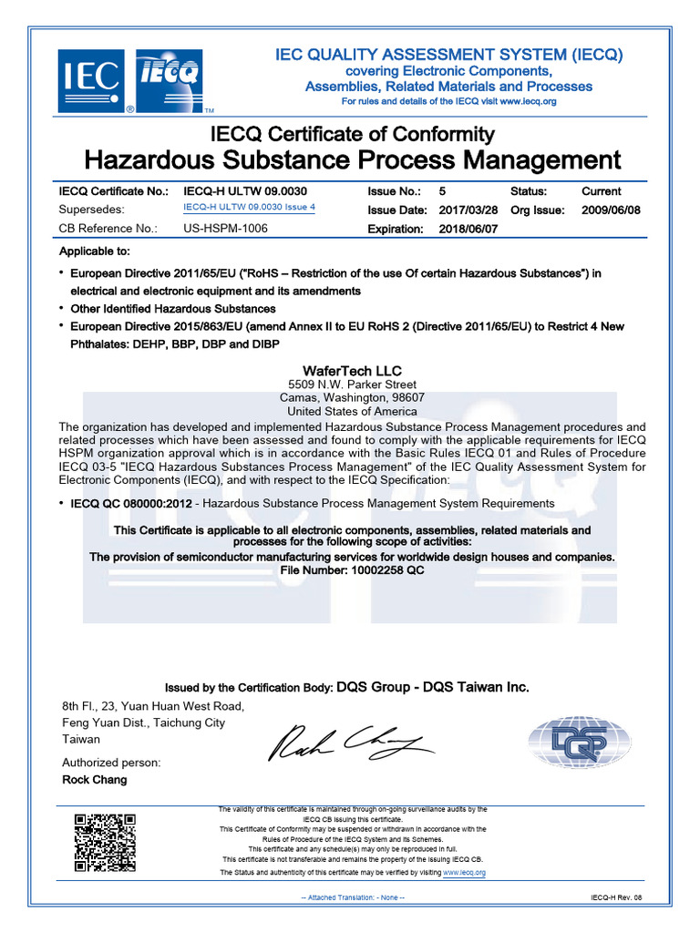 Hazardous Substance Process Management IECQ Certificate of Conformity PDF
