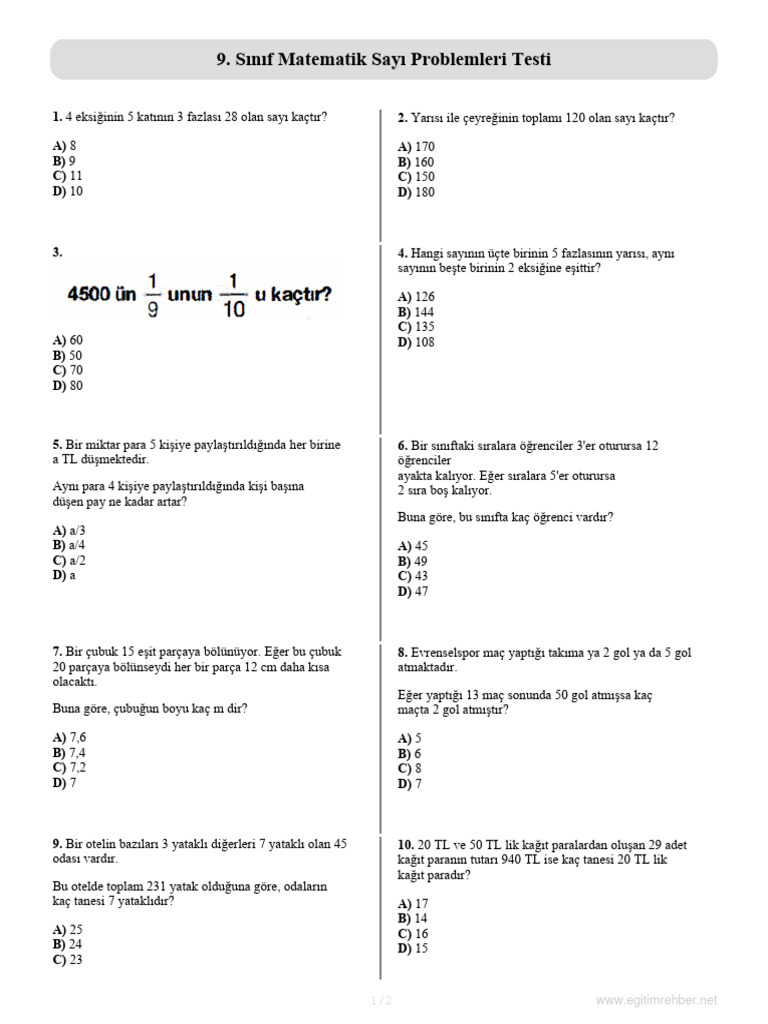 9 Sinif Matematik Sayi Problemleri Testi | PDF