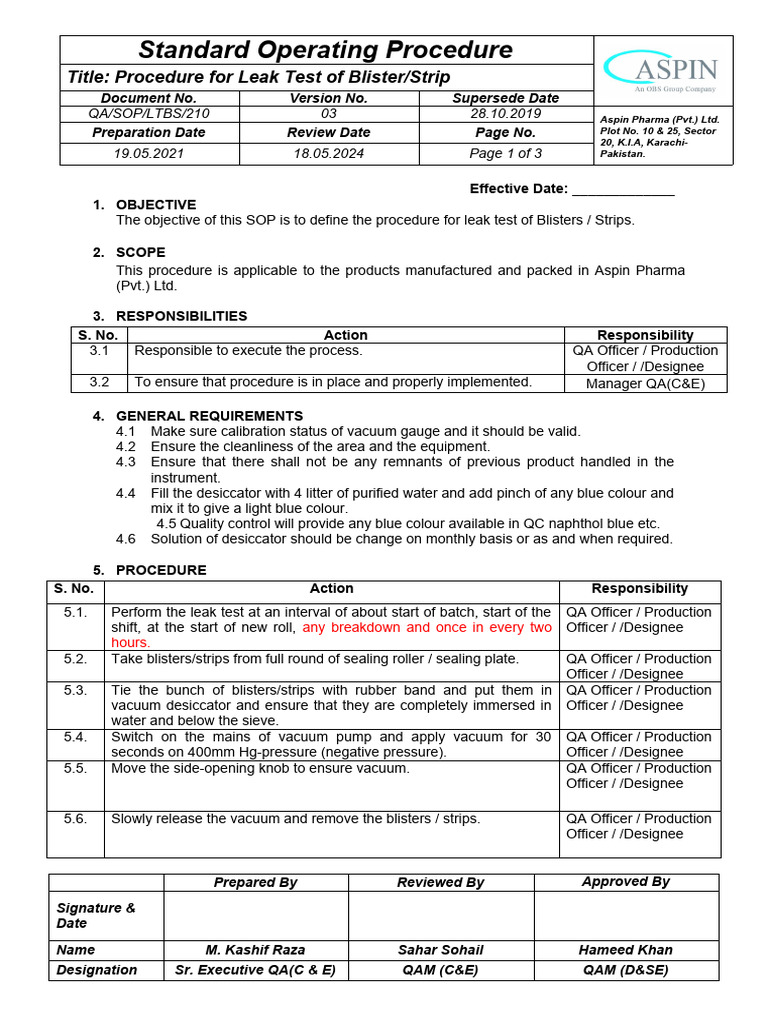 SOP For Leak Test | PDF