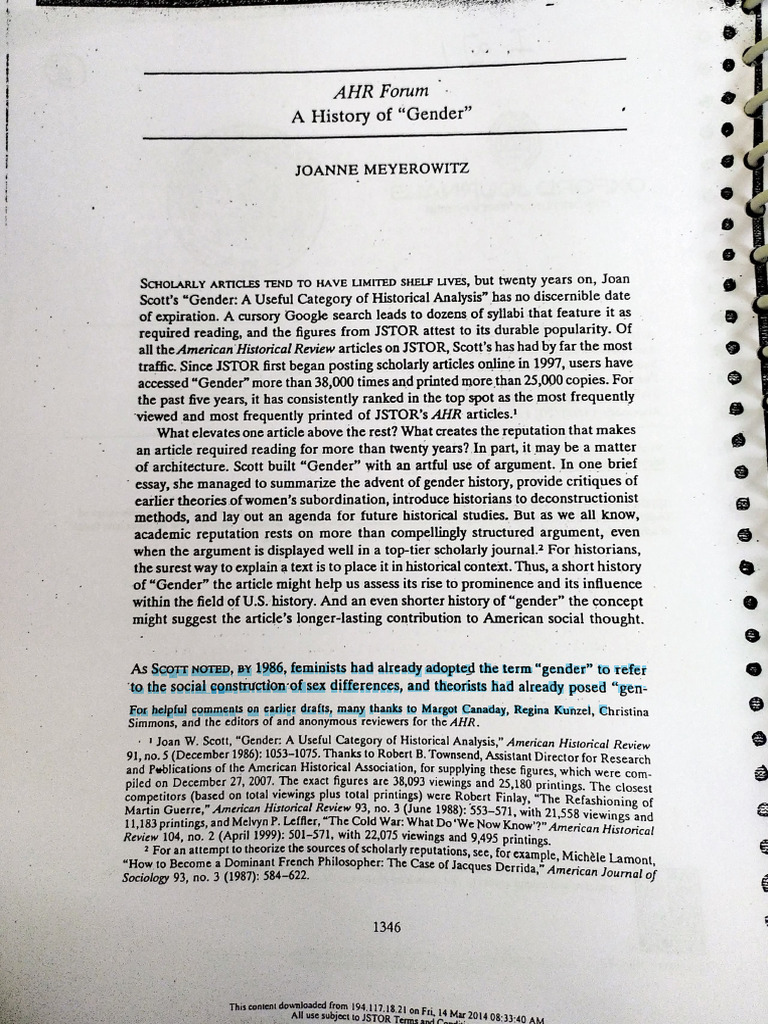 A History of Gender by Joanne Meyerowirz | PDF