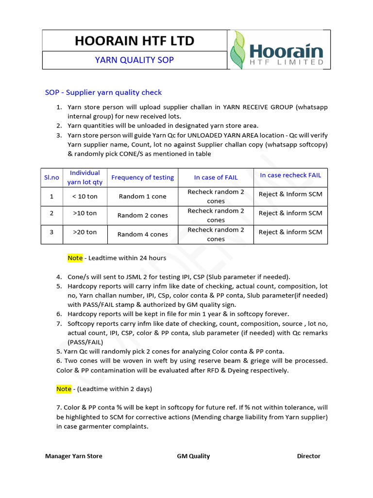 Yarn Qc SOP | PDF