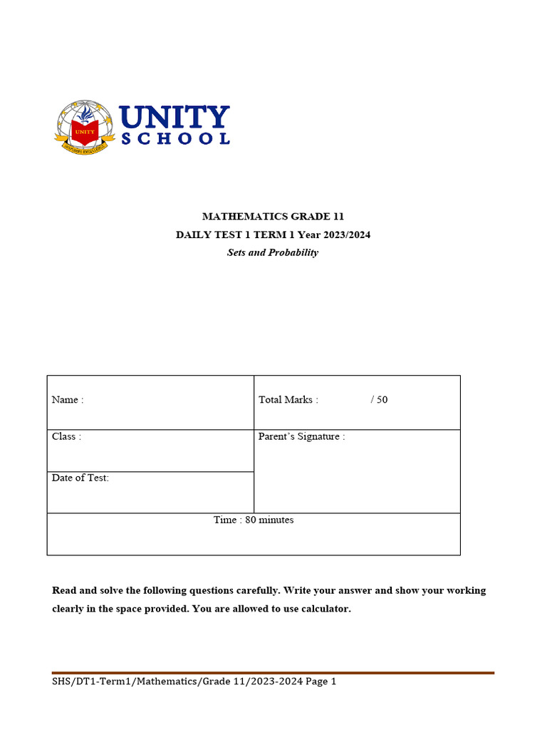 Term 1-Daily Test 1 G11 Mathematics QP | PDF