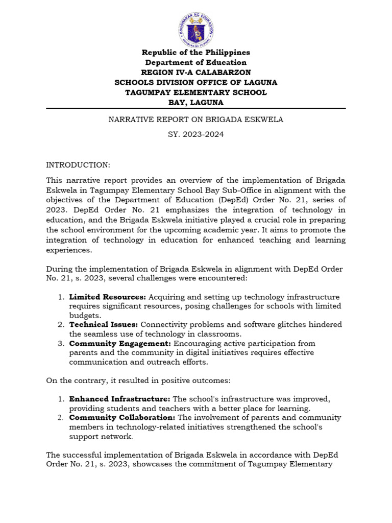 Brigada Eskwela Narrative Report 2024