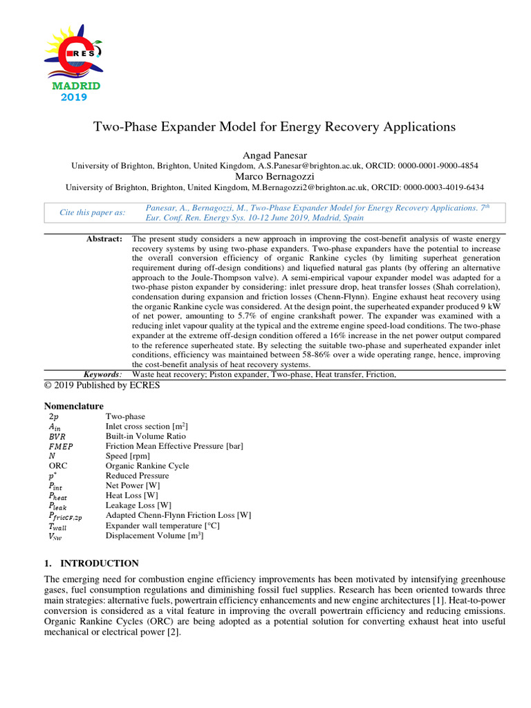 Panesar a two phase expander model for energy recovery applications