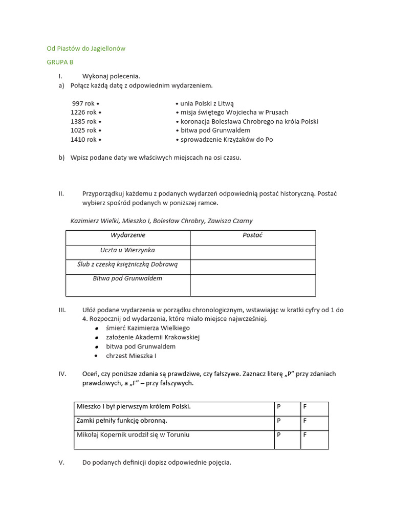 Od Piastów Do Jagiellonów Test Online Od Piastów Do Jagiellonów Gr. B | PDF