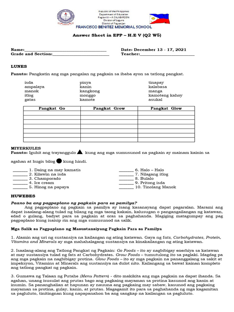 EPP H.E Answer Sheet Q2W5 | PDF