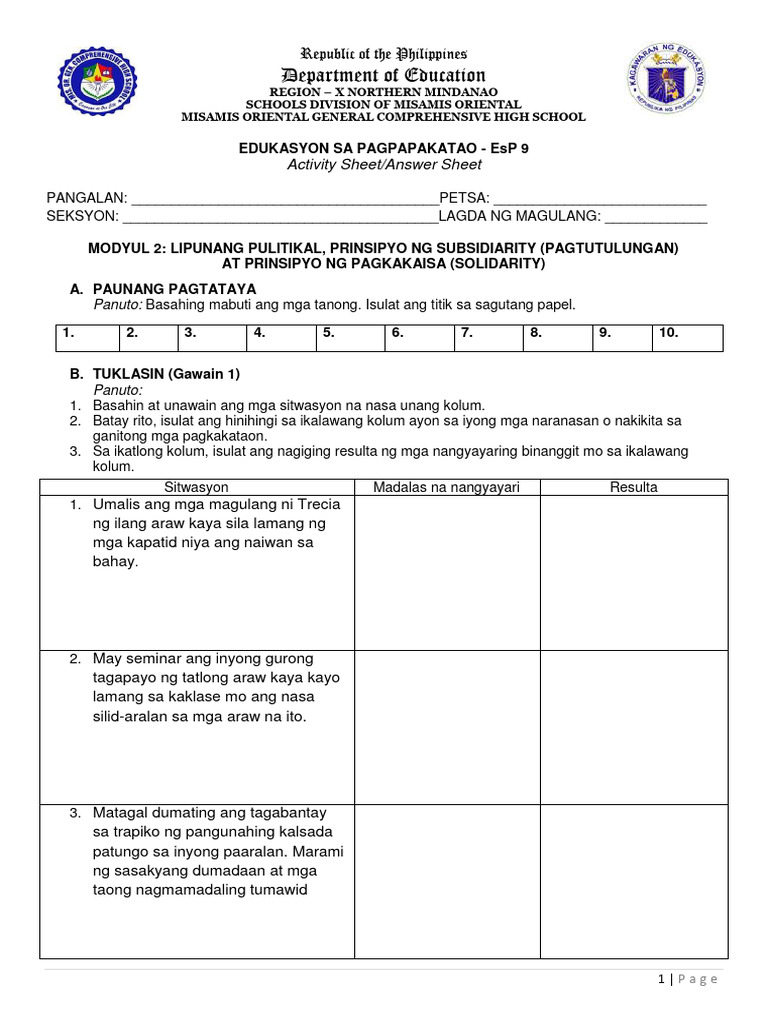 Esp 9 Modyul 2 Answer Sheet Pdf