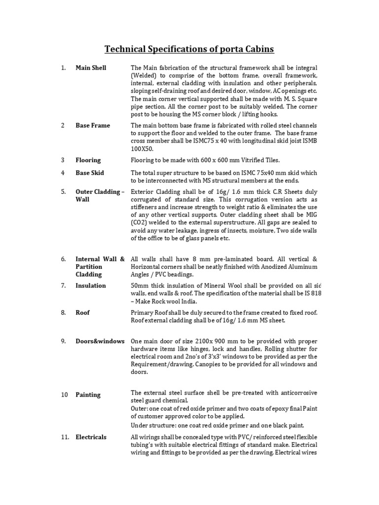 Technical Specifications For Porta Cabin 7f15fc | PDF | Framing ...