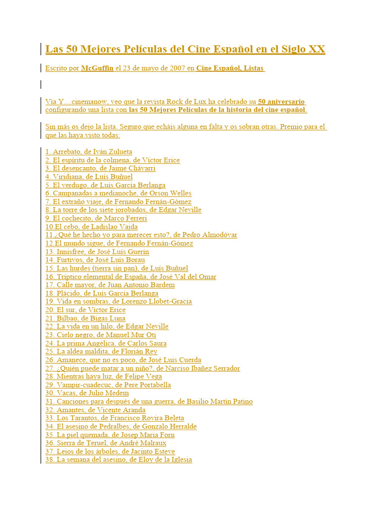 Las 50 Mejores Películas Del Cine Español en El Siglo XX | PDF