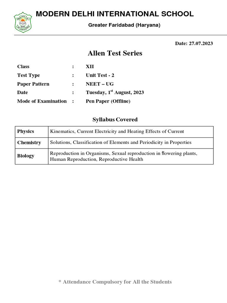 NEET Unit Test Notice for Class XII | PDF