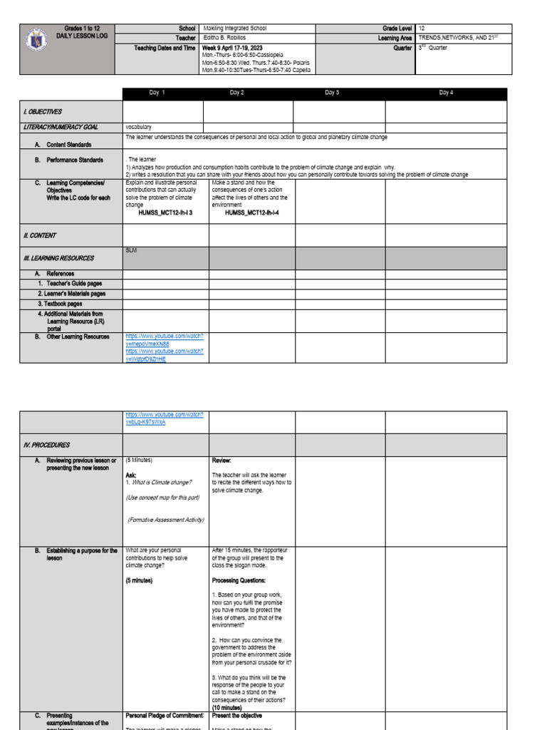 Grade 12 Climate Change Lesson Plan | PDF | Learning | Teachers