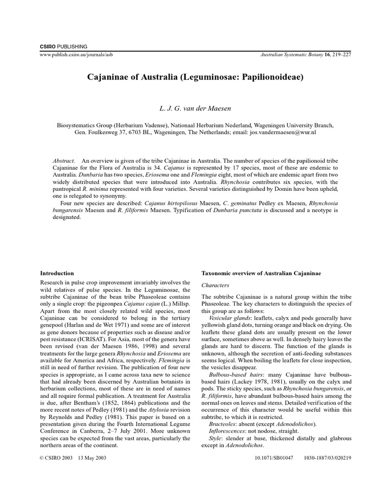 Cajaninae of Australia (Leguminosae Papilionoideae) L. J. G. Van Der
