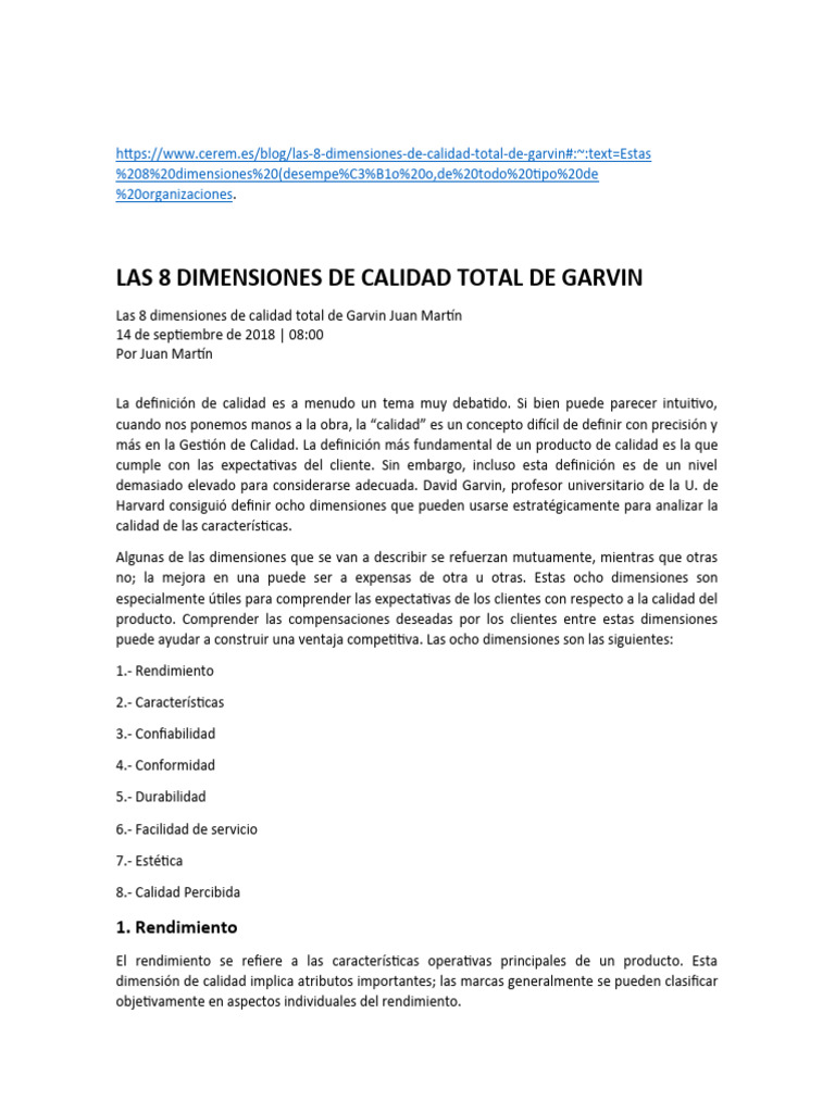 Ocho Dimensiones de La Calidad (SI) | PDF